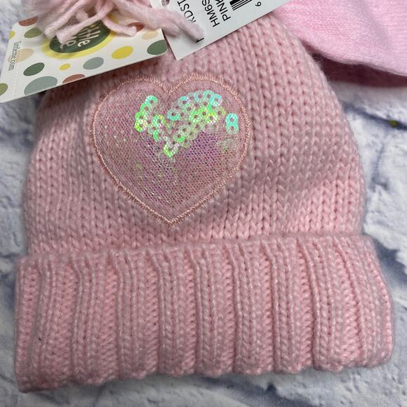 Little Me Sequin Heart Pom Pom Hat and Mitten Set in Pink - Picture 3 of 6